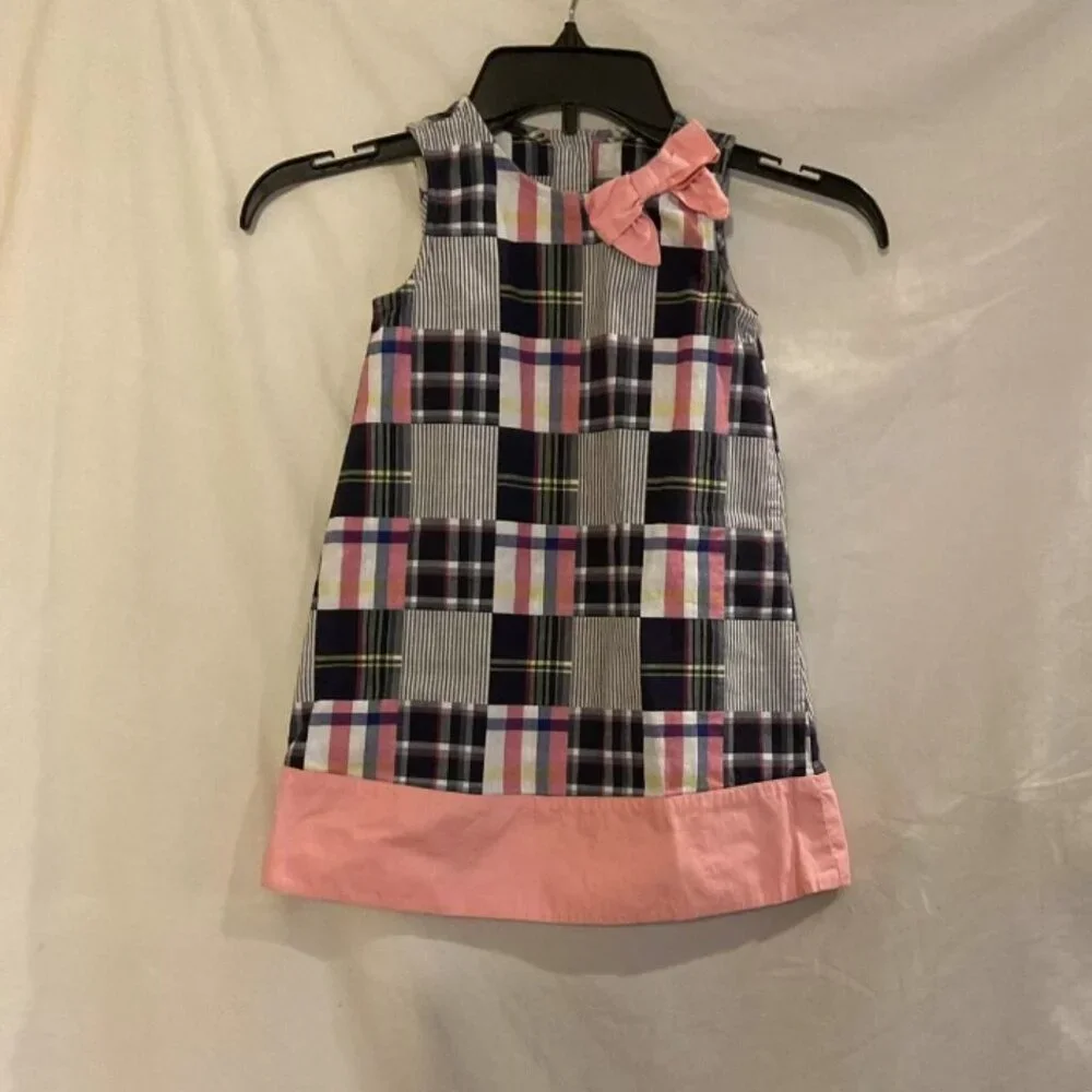 Gymboree Girls 5 Pink Blue Patchwork Quilt Sleeveless Dress Bow A-Line Preppy